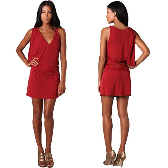 Haute Hippie Size S Crimson Crush Cowl Sleeve Deep V Asymmetric Mini Dress - Picture 2 of 11